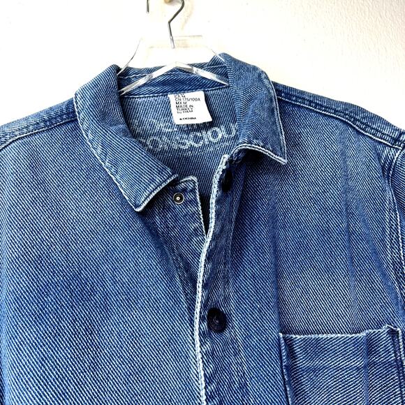 H&M Denim Jacket Blue Medium Wash Button Oversized Jean MEDIUM 100% Cotton - Picture 2 of 7